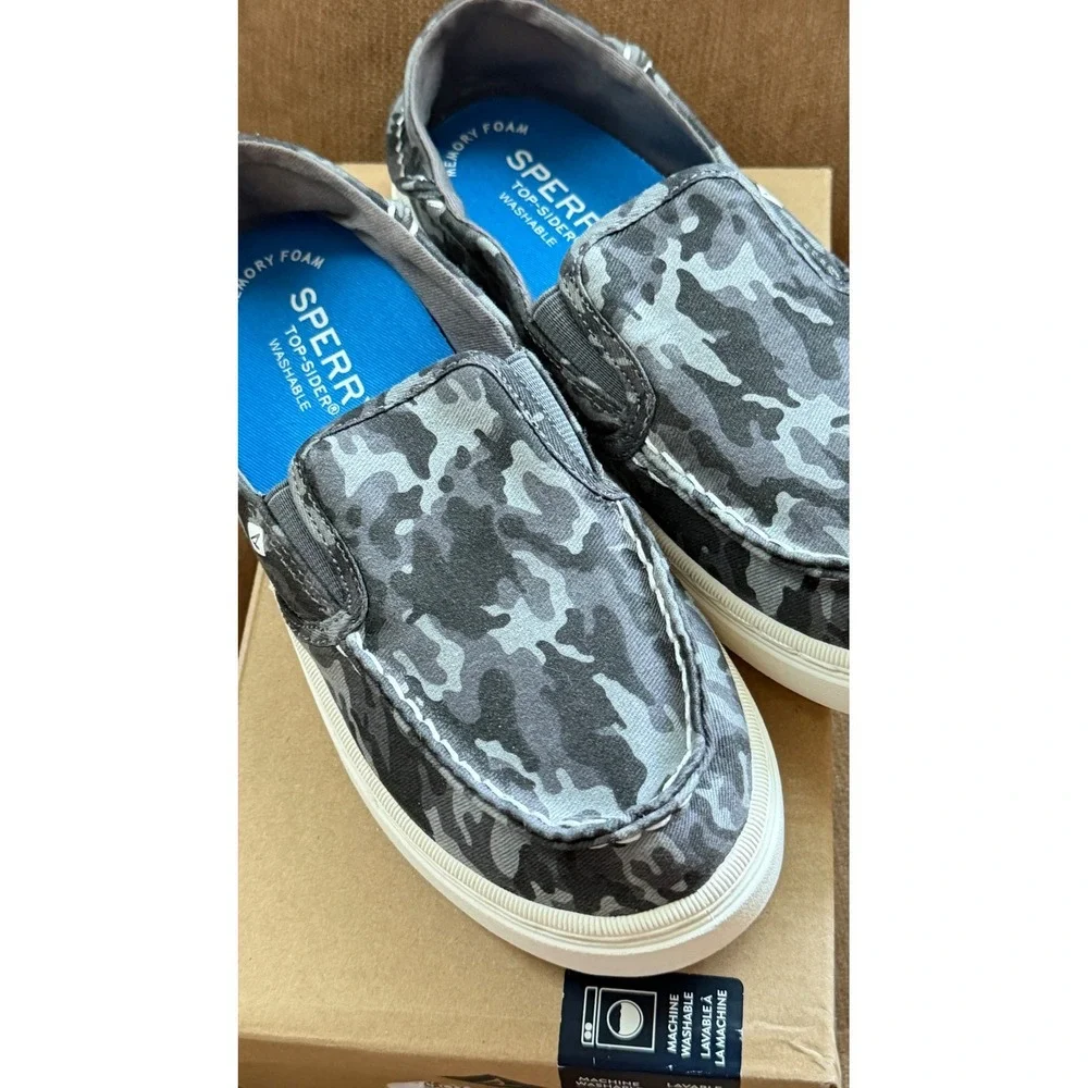 Sperry Salty Washable Boys Grey Camo Slip On Boat Shoes Sneakers 2M SCK265985